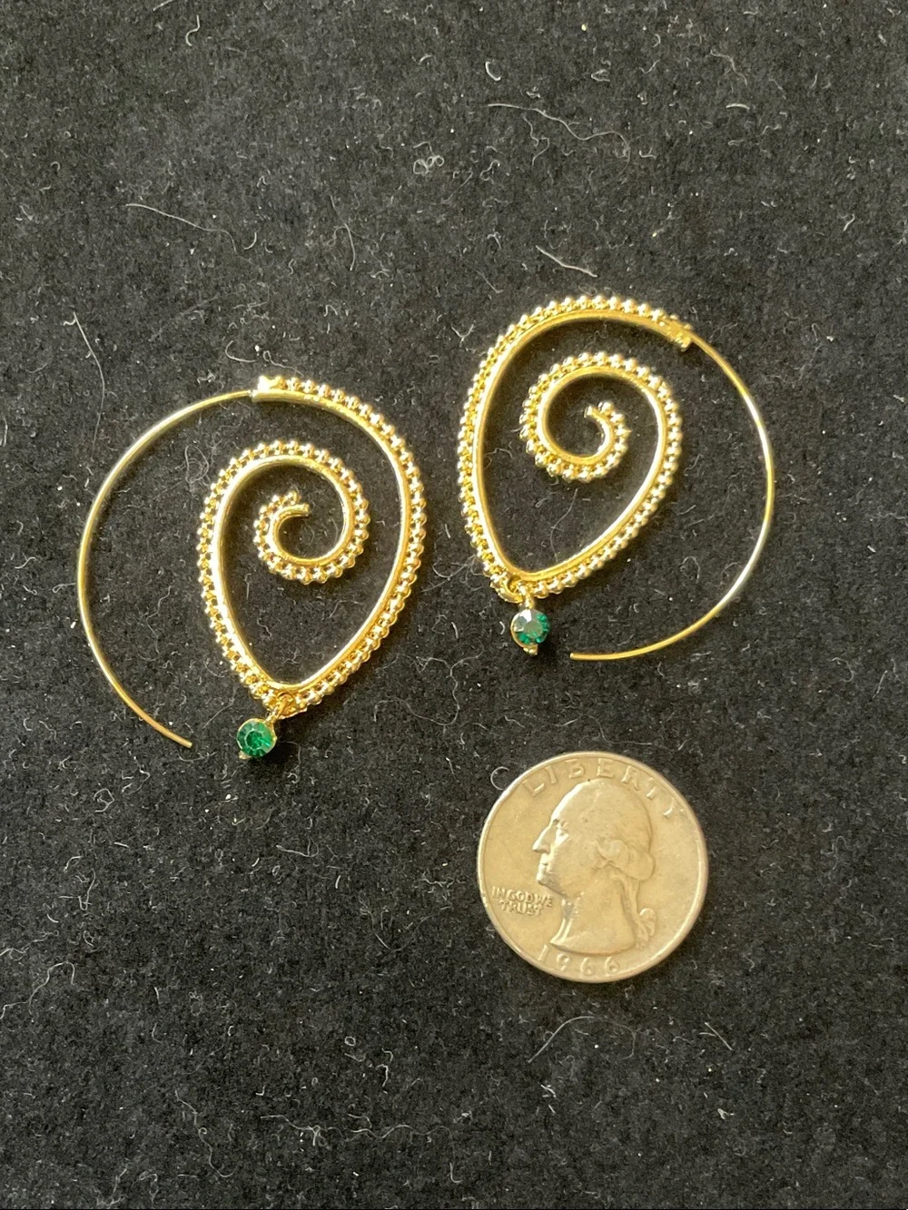 Gold Spiral Hoop Earrings with Green Gem Accent